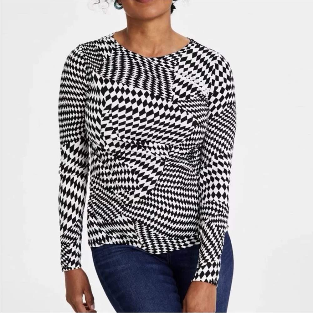 INC International Concepts Ruched Side Knit Top Black White Geometric Size 3X